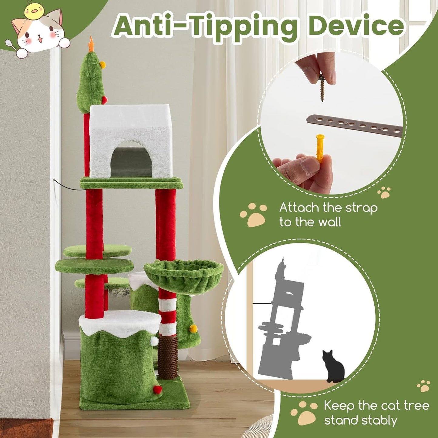 58 Inch Cat Christmas Tree, Multi-Level Cat Tower with 3 Cat Condos, Cat Self Groomer, Side Basket, Faux Christmas Tree, and Anti-Tipping Kit, Christmas-Themed Cat Tree for Indoor Cats