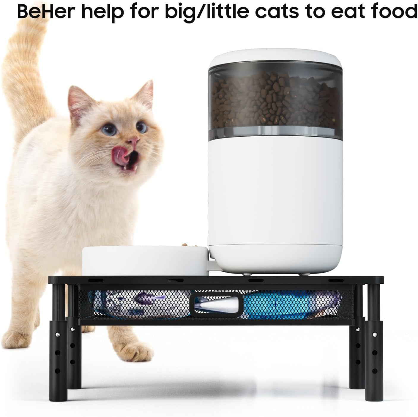 WSOWX Adjustable Automatic Cat Feeder Stand, Elevated Cat Food Stand,Black | with Drawer and Cat Food Mat,Raises Feeder/Bowls by 4.1"/4.9"/5.7",Relieves Spine and Joints Noticeably on Pets-Sturdy Metal