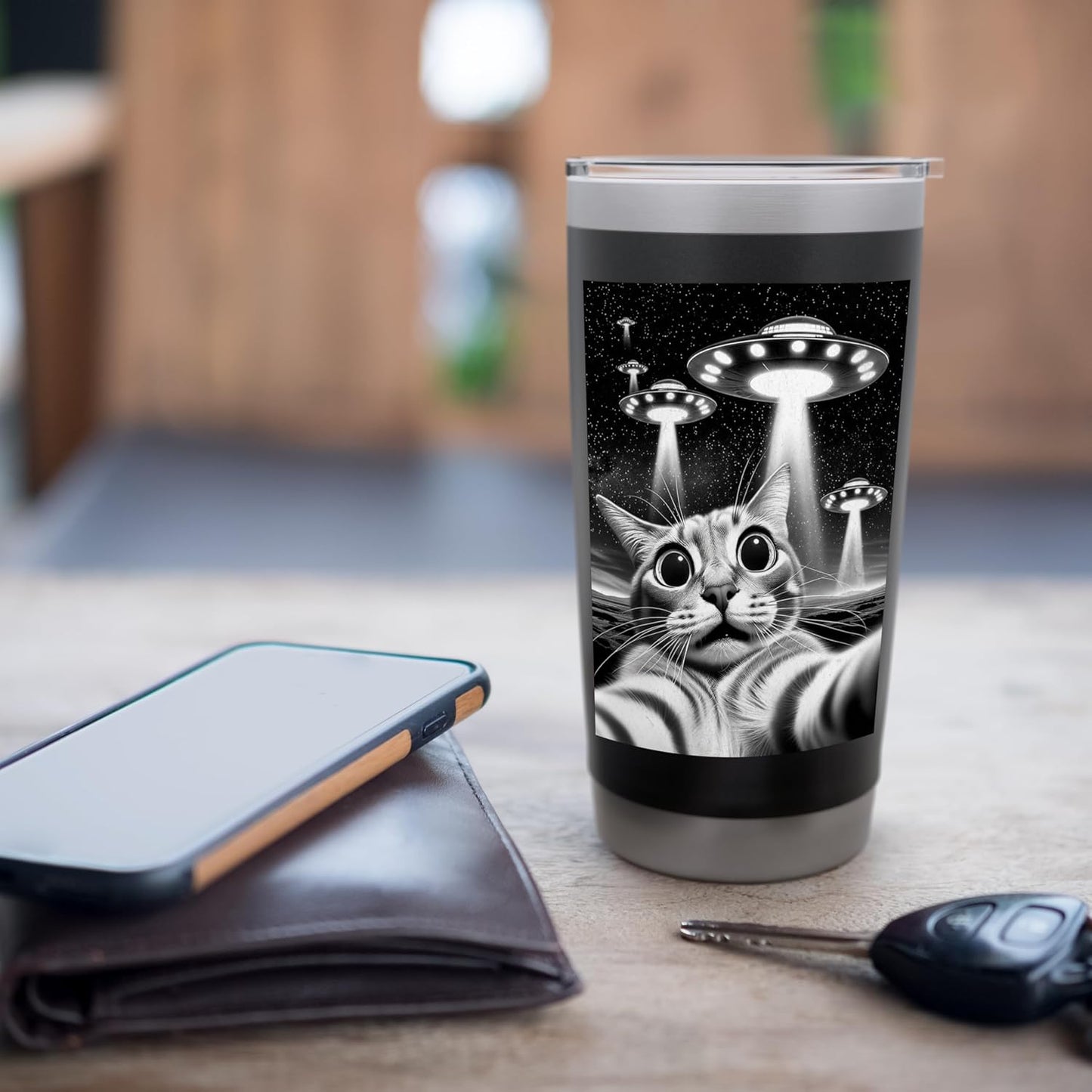 Cat UFO | Funny Invasion Meme Retro Alien Cat UFO Selfie Stainless Steel Insulated Tumbler