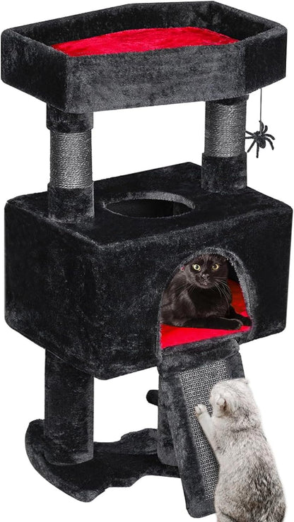 Cat Tree Tower for Indoor Cats, Gothic Cat Trees with Coffin Bed | Goth Cat Tree/Condo/House with Scratching Posts, Cat Shelves with Spider Toy, Pet Play Activity Center Black with Red MMJ95R