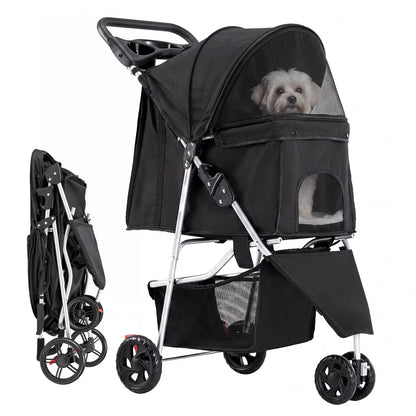 3 Wheels Pet Stroller, Dog and Cat Strollers, with Storage Basket and Cup Holder, Lightweight Travel Carrier, Breathable Mesh, Waterproof and Foldable for Small Pets Outdoor Walk, Black