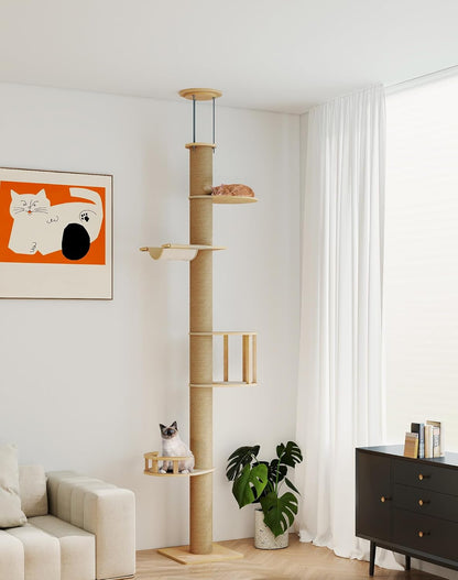 Floor-To-Ceiling Cat Tree, Tension Mount Tower W/Sisal Posts | Sturdy Space-Saving Vertical Cat Tower, Multi-Level Perches for Large Cats, Fits Small Apartments & Multi-Cat Homes
