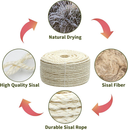 Cat Sisal Rope 164-Feet 4Mm for Scratcher Repair and Replace Scratching Post, DIY Hemp Twine Rope for Cat Tree Tower Carpet Mat Kicker House, Pet Toy, and Crafts Gardening Home Decorating