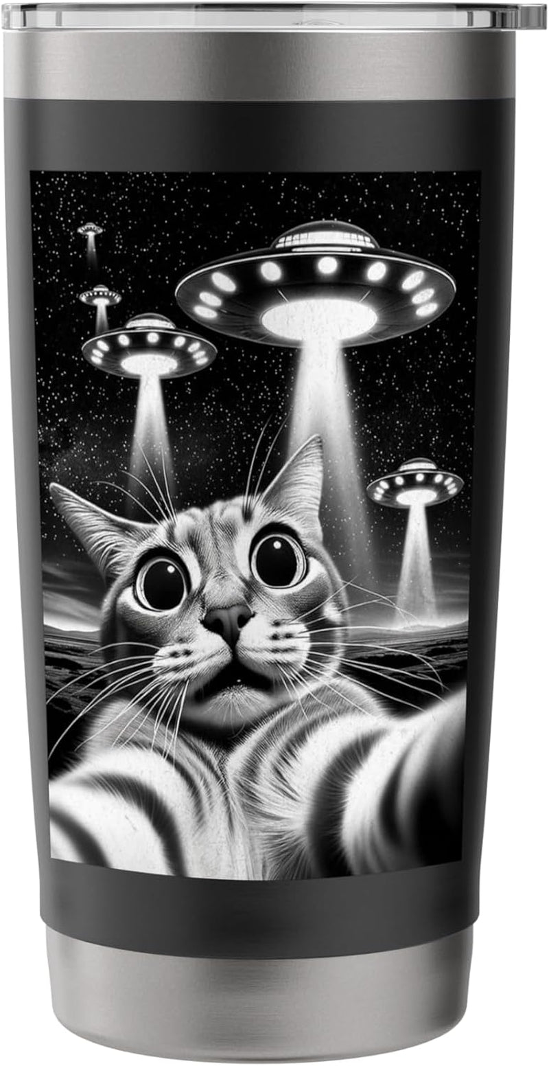 Cat UFO | Funny Invasion Meme Retro Alien Cat UFO Selfie Stainless Steel Insulated Tumbler