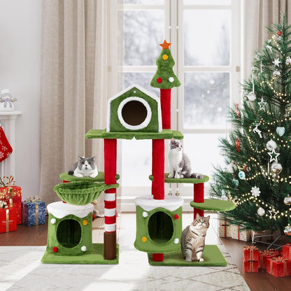 58 Inch Cat Christmas Tree, Multi-Level Cat Tower with 3 Cat Condos, Cat Self Groomer, Side Basket, Faux Christmas Tree, and Anti-Tipping Kit, Christmas-Themed Cat Tree for Indoor Cats