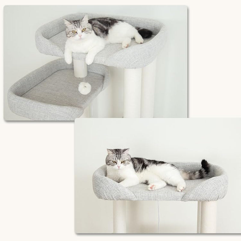 Mordern Cat Tree Tower 53'', Freestanding, Cushioned Bed, Large Base, for Multiple Cats, Compact,Winter and Summer Use, Summer Mat Included, for Large Cats (Light Gray 135Cm)