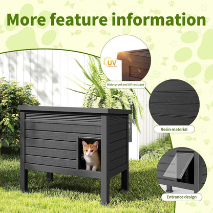 Outdoor Cat House Weatherproof, Resin PP Material with Wood Grain Design, Cat Houses for Outdoor Cats with Gas Strut Lid & Safety Latch, Raised Floor Cat Shelters for outside Indoor (Black)