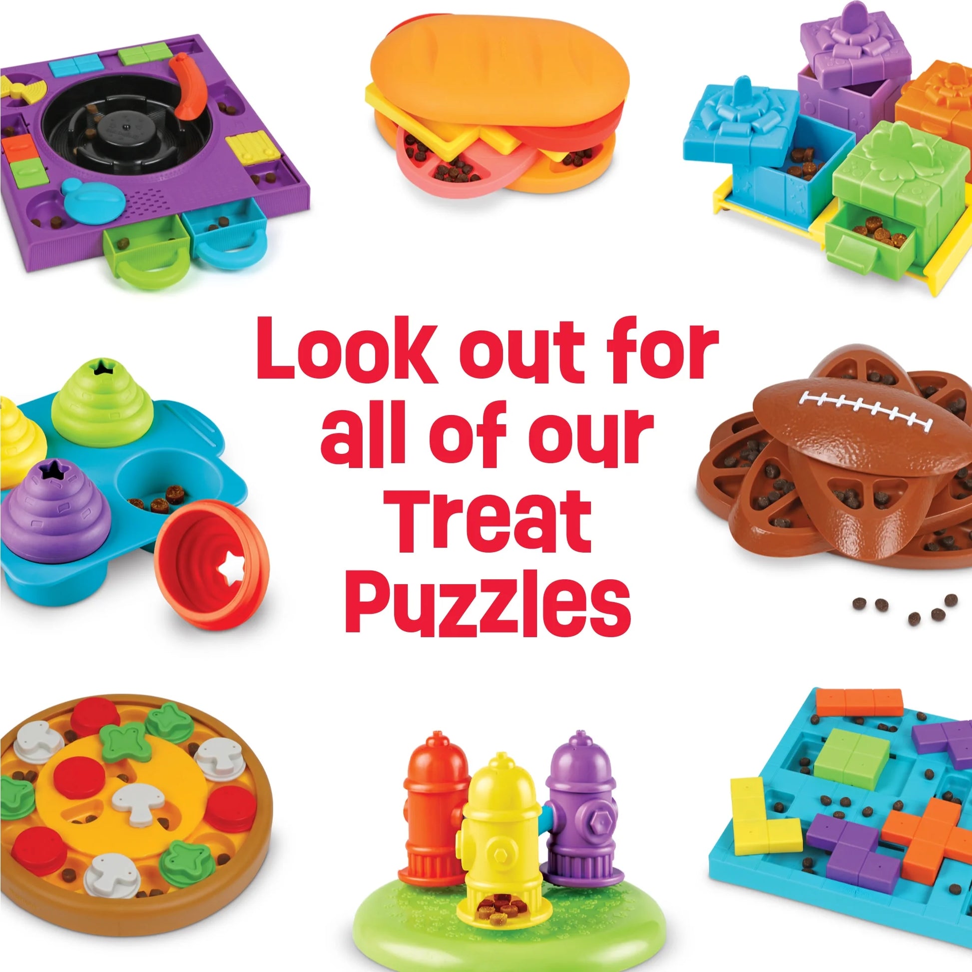 Brightkins Pizza Party! Dog Toy Treat Puzzle, Multi-Color Food Dispenser for Puppy Enrichment Training