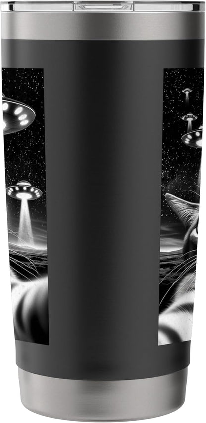 Cat UFO | Funny Invasion Meme Retro Alien Cat UFO Selfie Stainless Steel Insulated Tumbler
