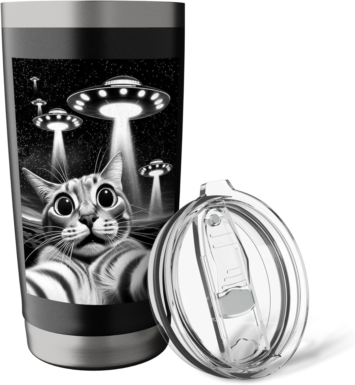 Cat UFO | Funny Invasion Meme Retro Alien Cat UFO Selfie Stainless Steel Insulated Tumbler