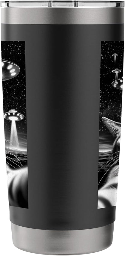 Cat UFO | Funny Invasion Meme Retro Alien Cat UFO Selfie Stainless Steel Insulated Tumbler