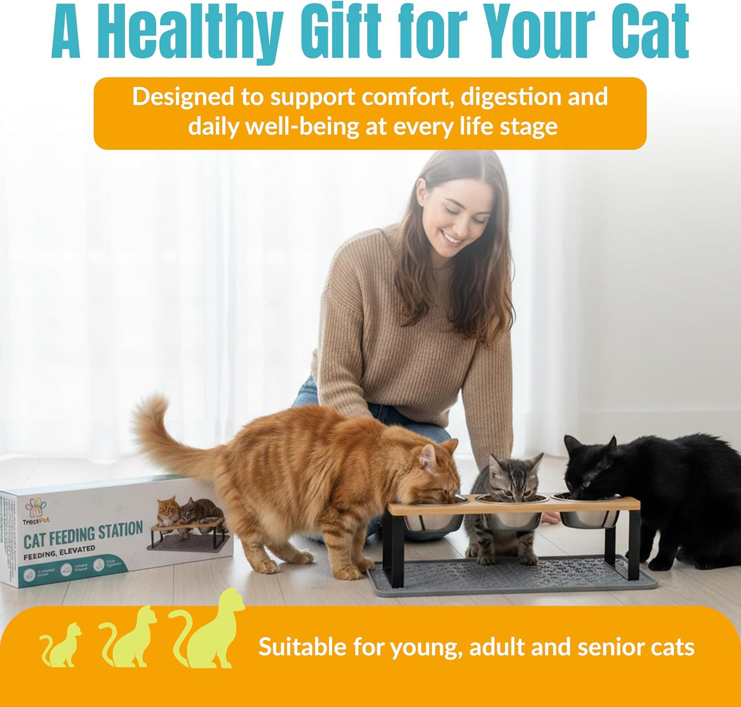 3 Bowl Elevated Cat Feeding Station-Raised Cat Food Bowls & Cat Bowls Elevated-15° Tilted Cat Food Bowls with anti Slip Mat & Cat Slow Feeder Included–Anti-Vomiting Raised Slow Feeder Cat Bowl