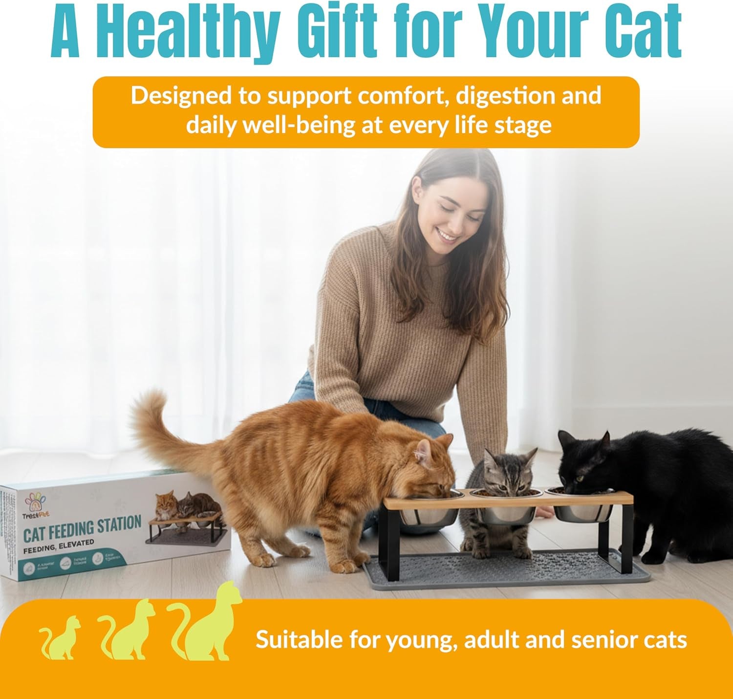 3 Bowl Elevated Cat Feeding Station-Raised Cat Food Bowls & Cat Bowls Elevated-15° Tilted Cat Food Bowls with anti Slip Mat & Cat Slow Feeder Included–Anti-Vomiting Raised Slow Feeder Cat Bowl