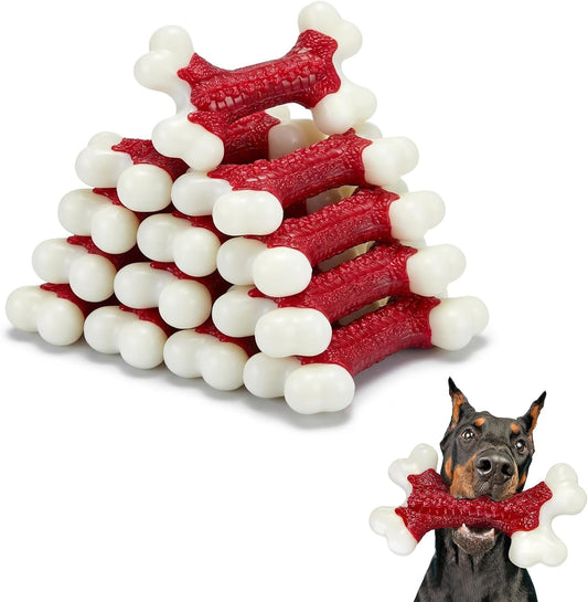 10-Pack Dog Chew Toys, Red, Beef Flavored, Large Dogs | Indestructible for Aggressive Chewers, Hard Nylon Bone, Tough Chew Toys, Keeps Dogs Busy, Medium to Large Breed