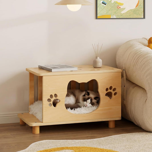 4-In-1 Wooden Cat House, Breathable Cat Cave with Washable Cushion Cat Beds for Indoor Cats