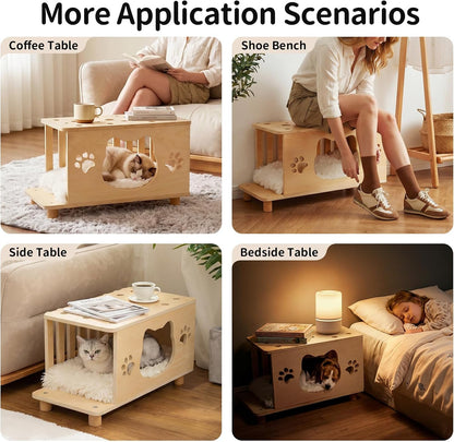 4-In-1 Wooden Cat House, Breathable Cat Cave with Washable Cushion Cat Beds for Indoor Cats