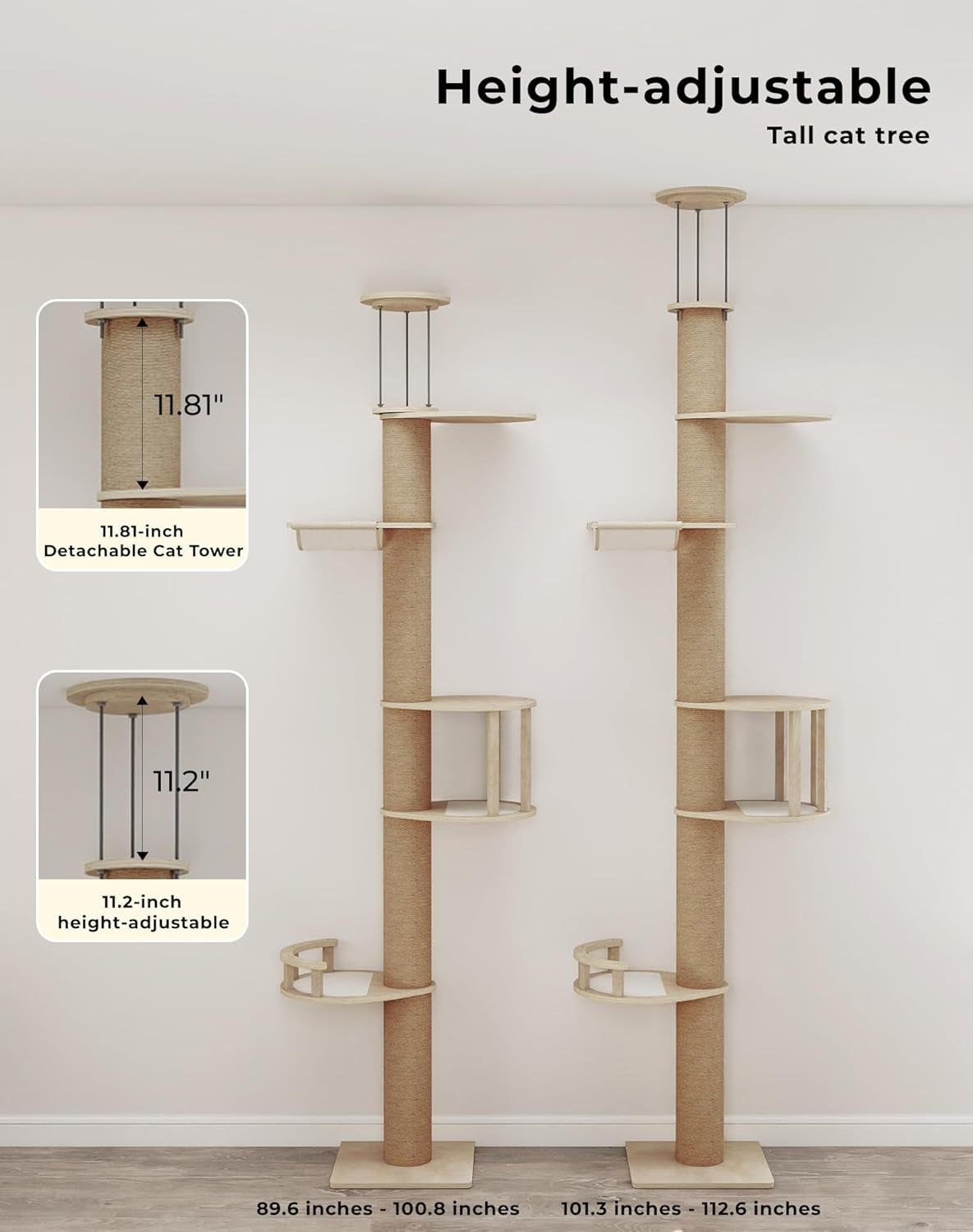Floor-To-Ceiling Cat Tree, Tension Mount Tower W/Sisal Posts | Sturdy Space-Saving Vertical Cat Tower, Multi-Level Perches for Large Cats, Fits Small Apartments & Multi-Cat Homes
