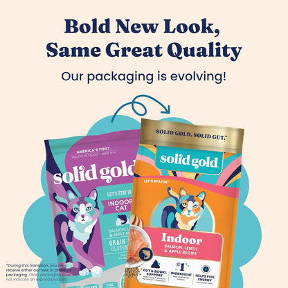 Solid Gold Indoor Dry Cat Food - Grain Free & Gluten Free - Salmon Cat Food Dry Kibble for Indoor Cats for Gut Health - Sensitive Stomach & Hairball Support for Adult Cats - 12LB
