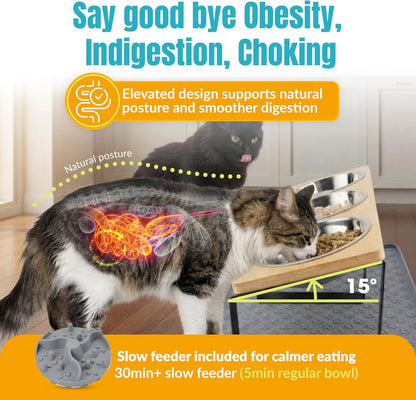 3 Bowl Elevated Cat Feeding Station-Raised Cat Food Bowls & Cat Bowls Elevated-15° Tilted Cat Food Bowls with anti Slip Mat & Cat Slow Feeder Included–Anti-Vomiting Raised Slow Feeder Cat Bowl