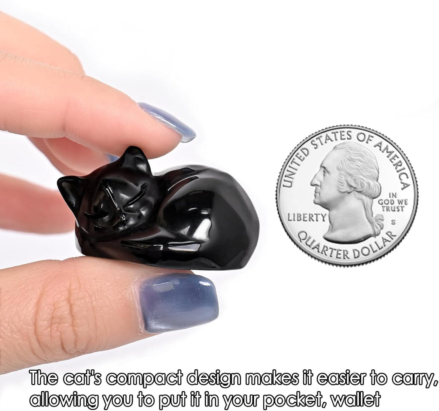 Crystal Cat Figurine, 1PC Black Obsidian Cat, Natural Sleeping Cat Ornament Hand Carved Cat Statue Cat Home Decor Crystal Decoration for Cat Lovers, Gift 1.5"