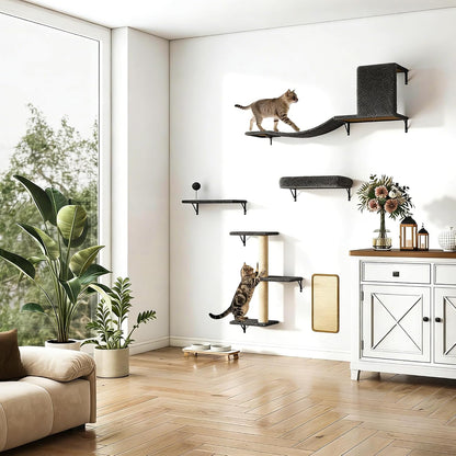 5-Piece Cat Tree Set with Wall Mounted Cat Shelves, Cat Scratching Post & Cat Wall Furniture, Multi-Functional Indoor Cat Jungle Gym, Essential for Cat Room, Suitable for Large Cats(Grey)