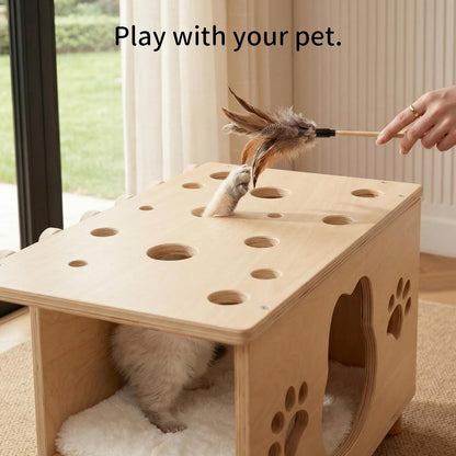4-In-1 Wooden Cat House, Breathable Cat Cave with Washable Cushion Cat Beds for Indoor Cats