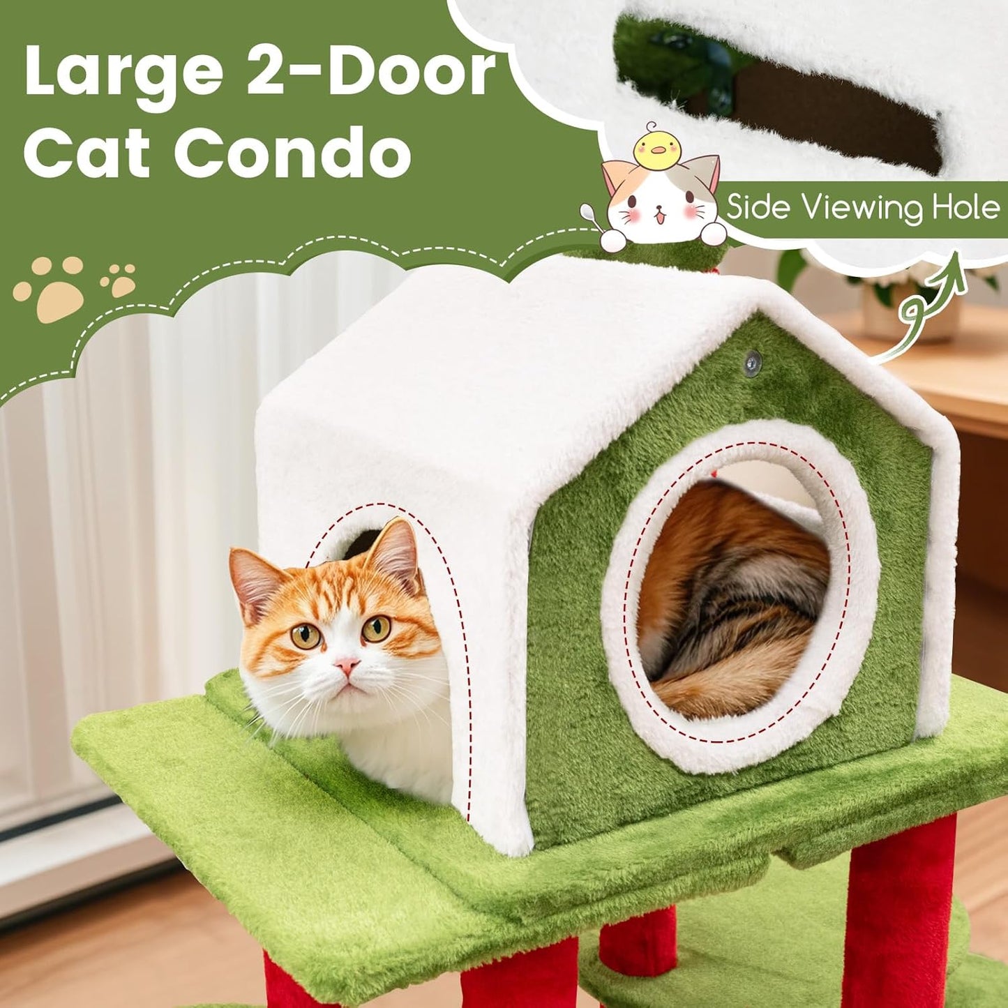 58 Inch Cat Christmas Tree, Multi-Level Cat Tower with 3 Cat Condos, Cat Self Groomer, Side Basket, Faux Christmas Tree, and Anti-Tipping Kit, Christmas-Themed Cat Tree for Indoor Cats