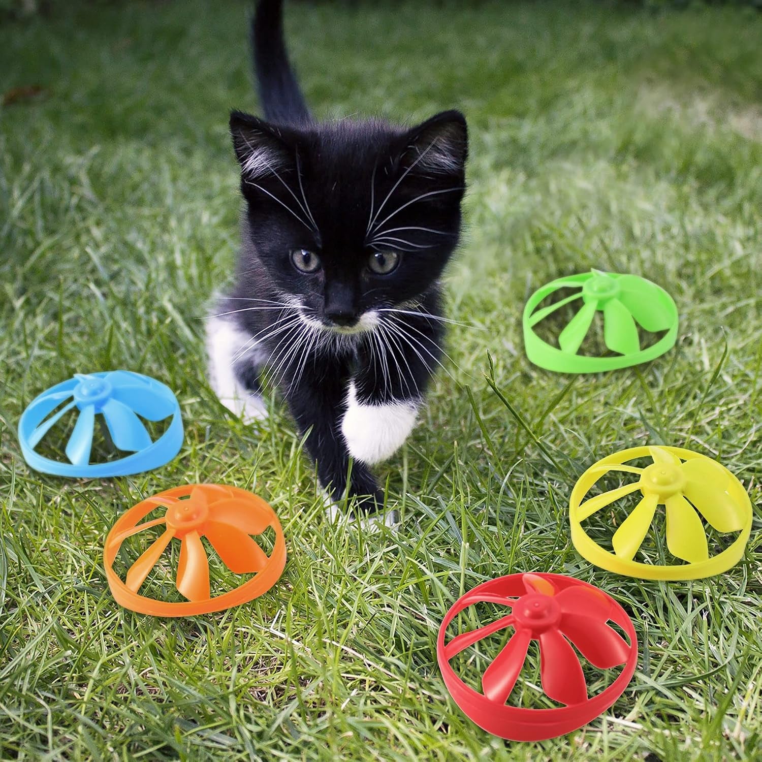 18 Pieces Interactive Cat Fetch Tracking Toys with 5 Colors Flying Propellers for Indoor Pet Kitty Training Chasing (Blue Cat Theme Design)