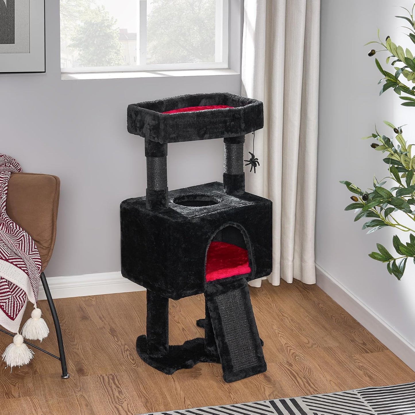 Cat Tree Tower for Indoor Cats, Gothic Cat Trees with Coffin Bed | Goth Cat Tree/Condo/House with Scratching Posts, Cat Shelves with Spider Toy, Pet Play Activity Center Black with Red MMJ95R