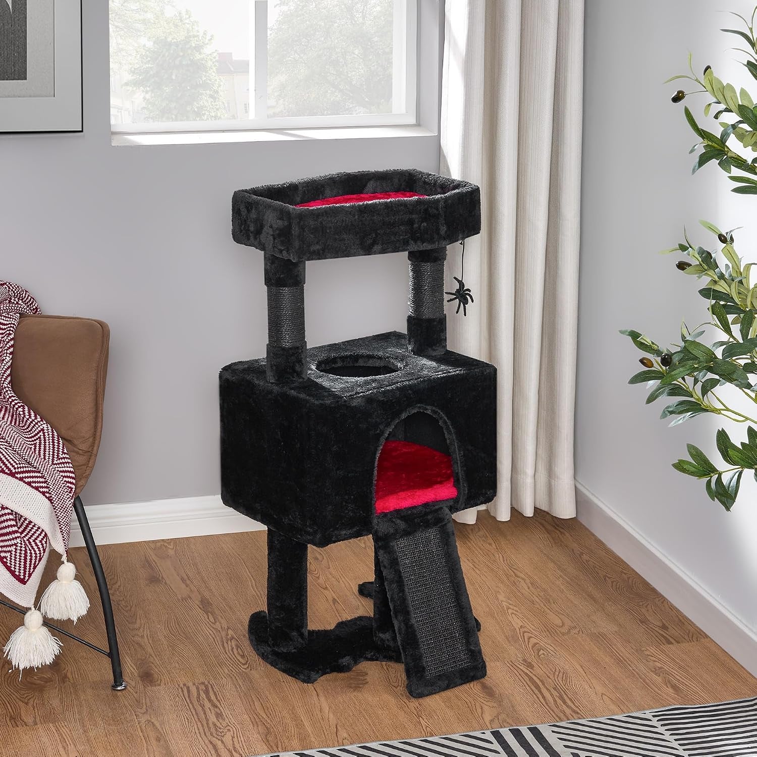 Cat Tree Tower for Indoor Cats, Gothic Cat Trees with Coffin Bed | Goth Cat Tree/Condo/House with Scratching Posts, Cat Shelves with Spider Toy, Pet Play Activity Center Black with Red MMJ95R
