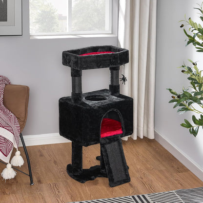 Cat Tree Tower for Indoor Cats, Gothic Cat Trees with Coffin Bed | Goth Cat Tree/Condo/House with Scratching Posts, Cat Shelves with Spider Toy, Pet Play Activity Center Black with Red MMJ95R