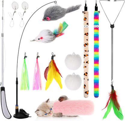 Suction Cup Cat Toy for Indoor Cats | 4-In-1 Interactive Cat Feather Toys, Fishing Pole, Suction Cup, Door Hanging Cat Toy
