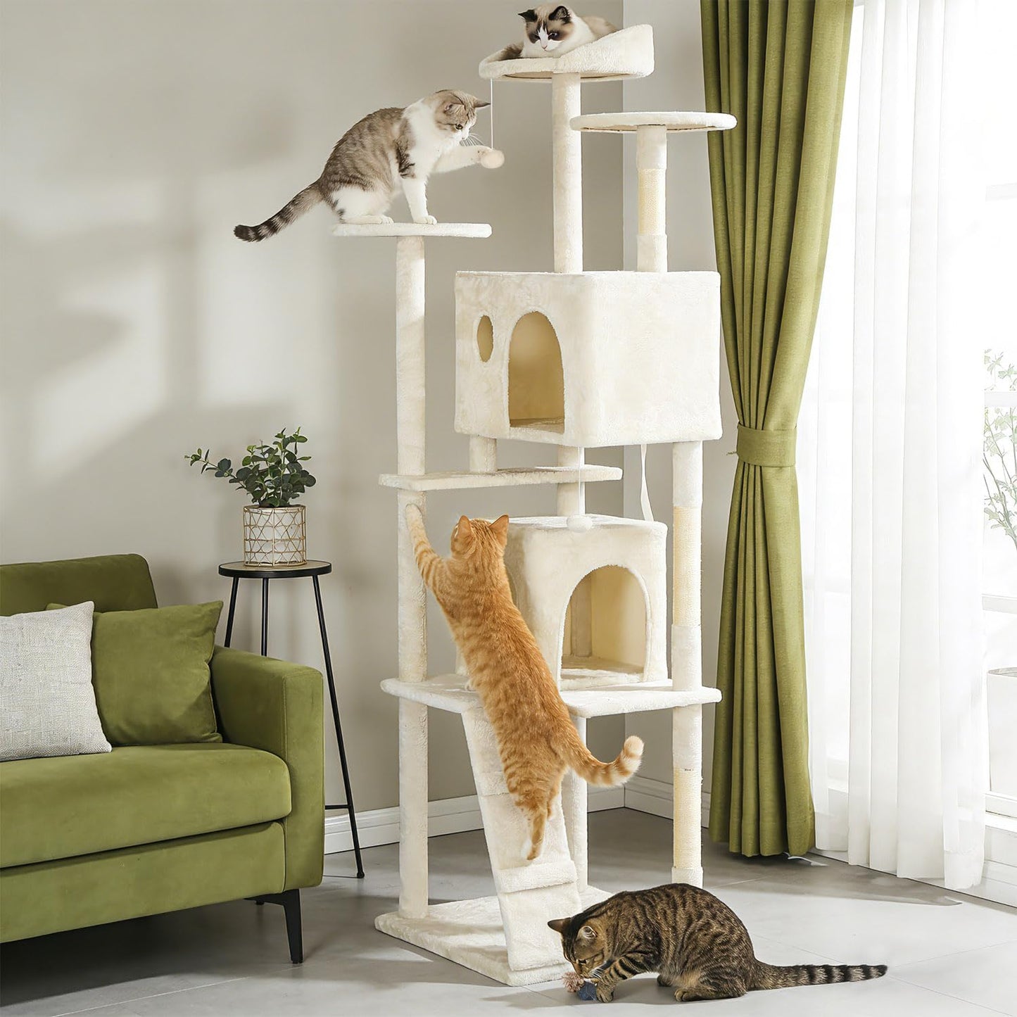 | 81" Cat Tree Tower | Cream | Sturdy, Easy to Assemble, Multi-Level Activity Center with Sisal Scratching Posts, Condos, Perches, Hanging Cat Toys, Observation Decks & Ladder