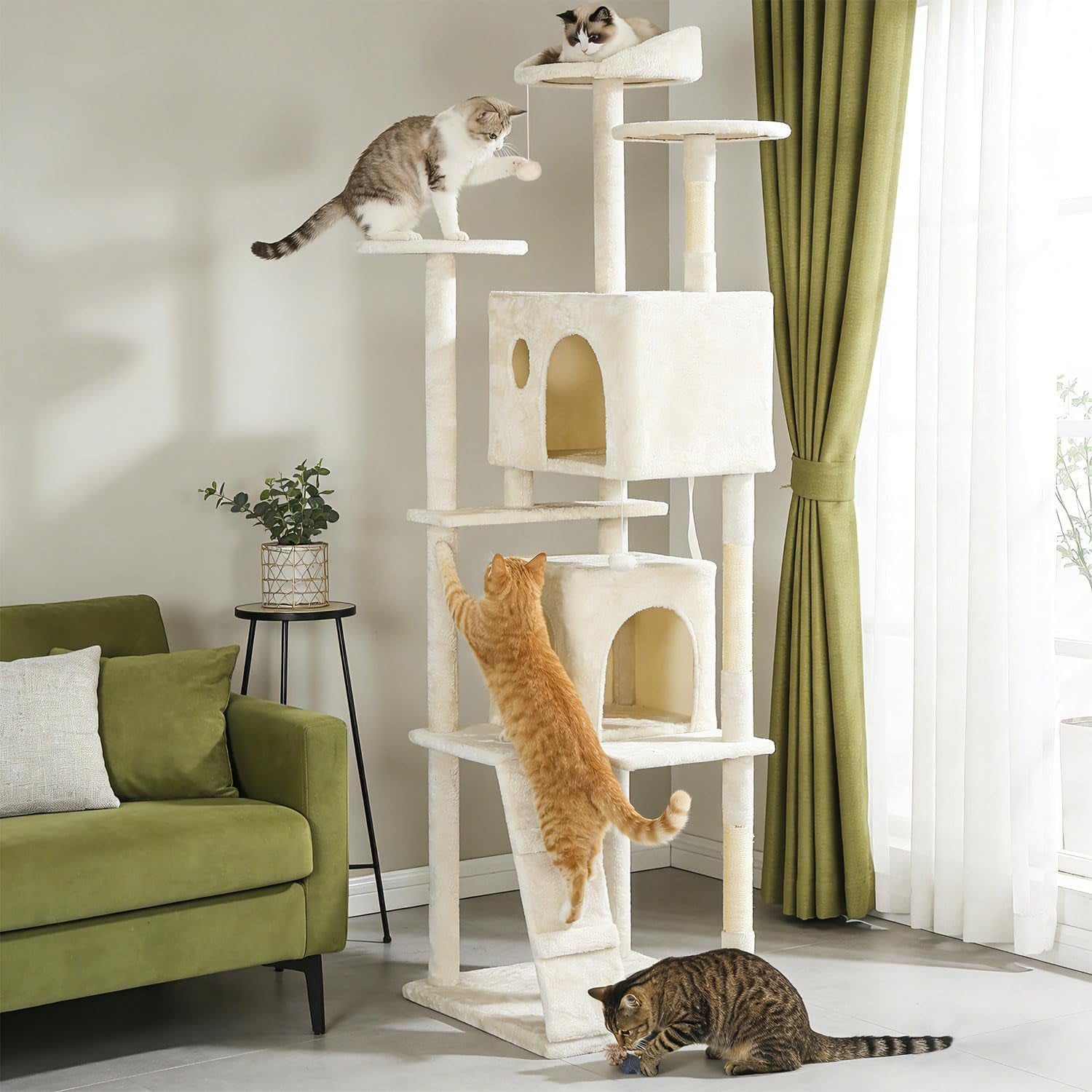 | 81" Cat Tree Tower | Cream | Sturdy, Easy to Assemble, Multi-Level Activity Center with Sisal Scratching Posts, Condos, Perches, Hanging Cat Toys, Observation Decks & Ladder