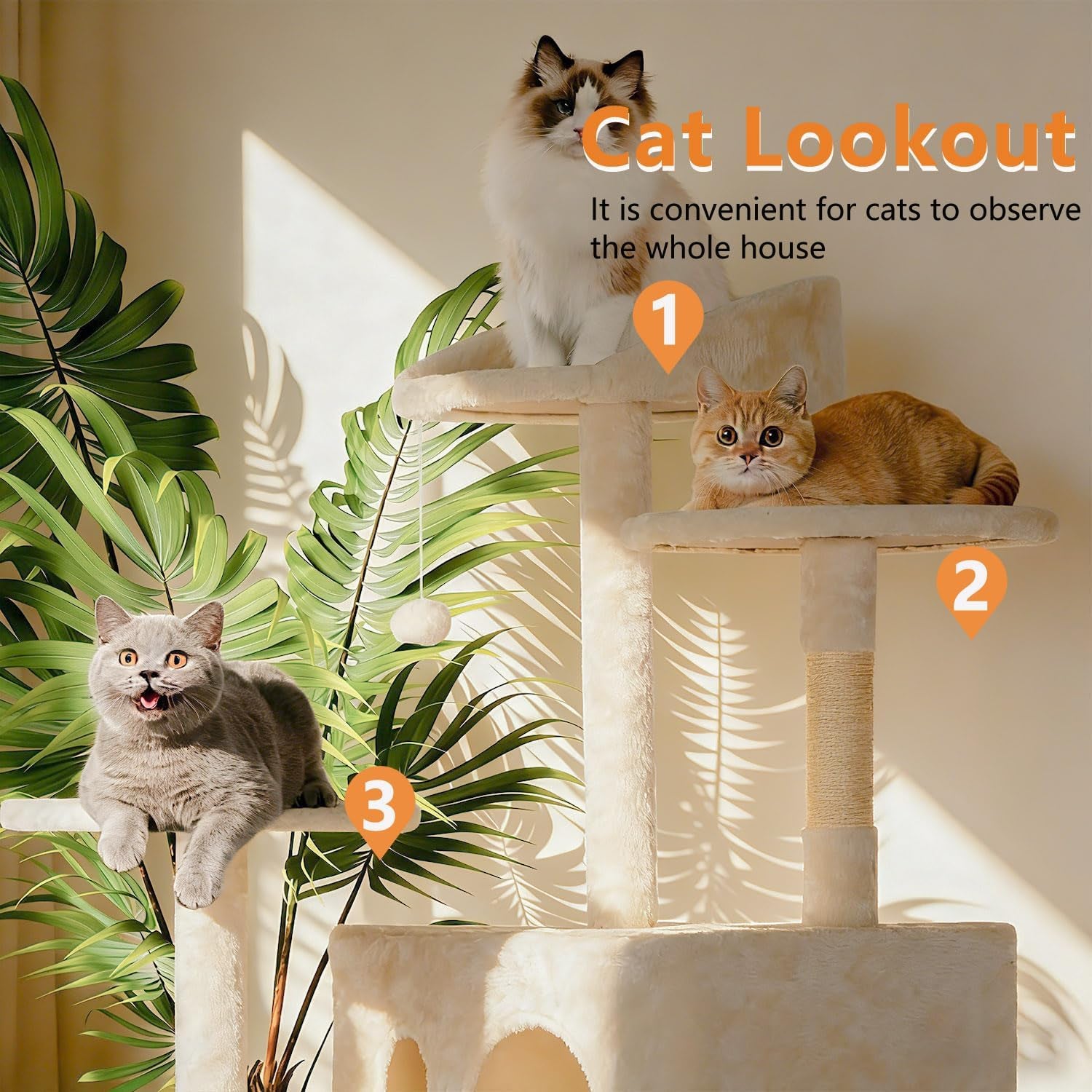 | 81" Cat Tree Tower | Cream | Sturdy, Easy to Assemble, Multi-Level Activity Center with Sisal Scratching Posts, Condos, Perches, Hanging Cat Toys, Observation Decks & Ladder