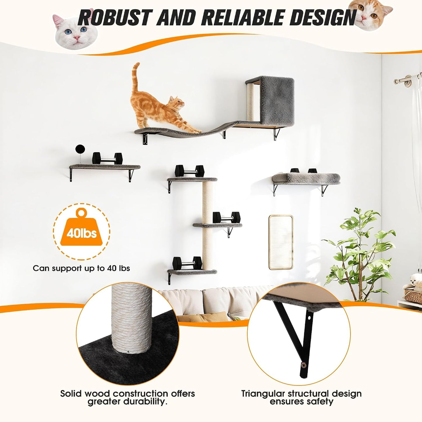 5-Piece Cat Tree Set with Wall Mounted Cat Shelves, Cat Scratching Post & Cat Wall Furniture, Multi-Functional Indoor Cat Jungle Gym, Essential for Cat Room, Suitable for Large Cats(Grey)