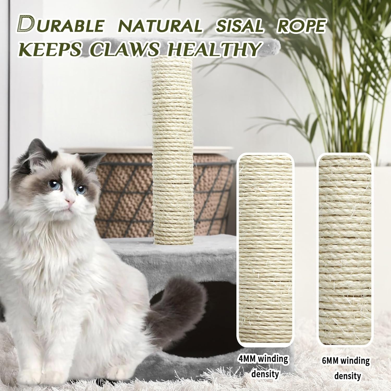 Cat Sisal Rope 164-Feet 4Mm for Scratcher Repair and Replace Scratching Post, DIY Hemp Twine Rope for Cat Tree Tower Carpet Mat Kicker House, Pet Toy, and Crafts Gardening Home Decorating