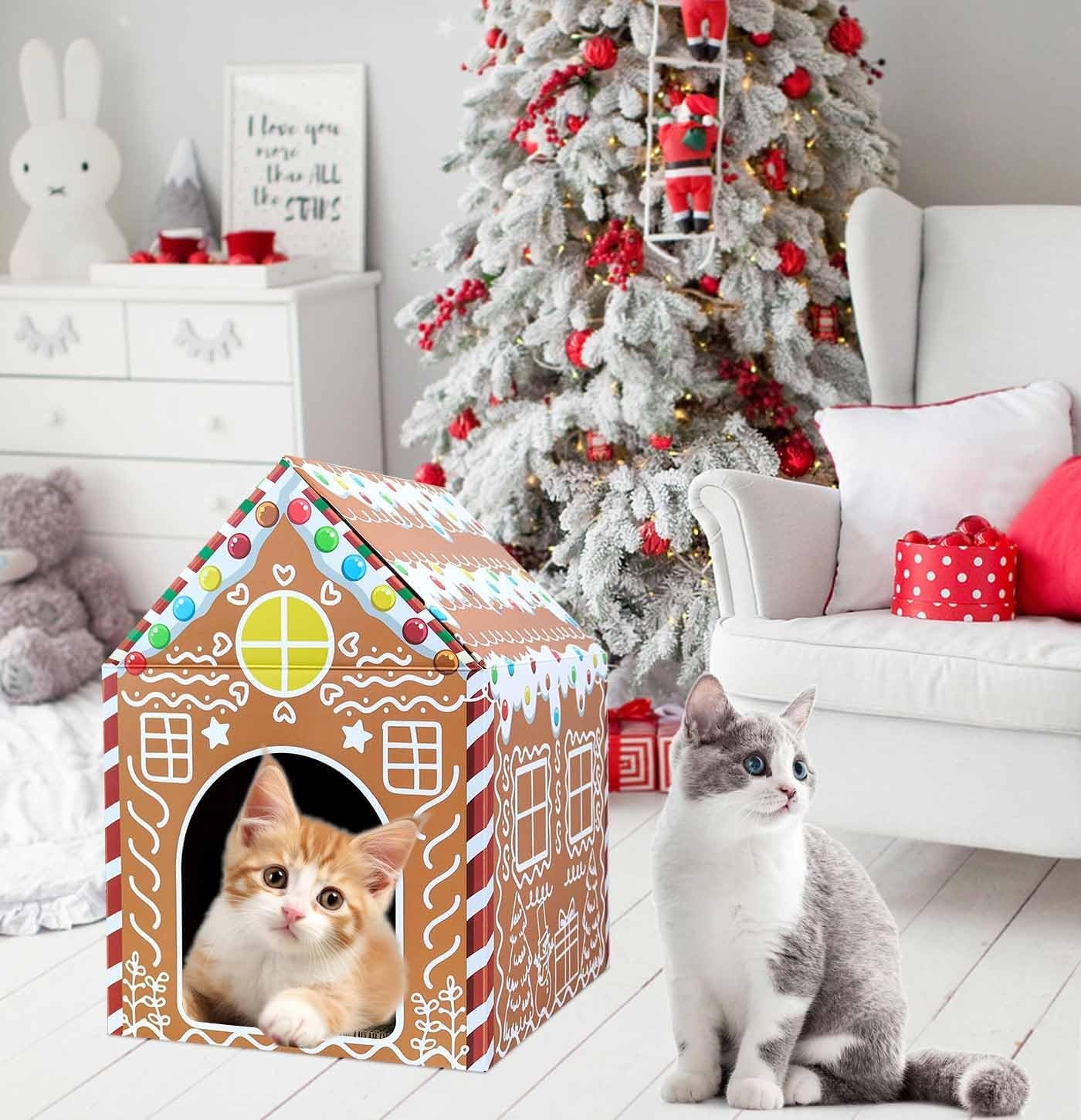 Christmas Gingerbread Cat House 16.5"X 13"X19" Christmas Cardboard Cat Scratcher House with Scratching Pad for Indoor Cats Kittens Large Cat Playhouse