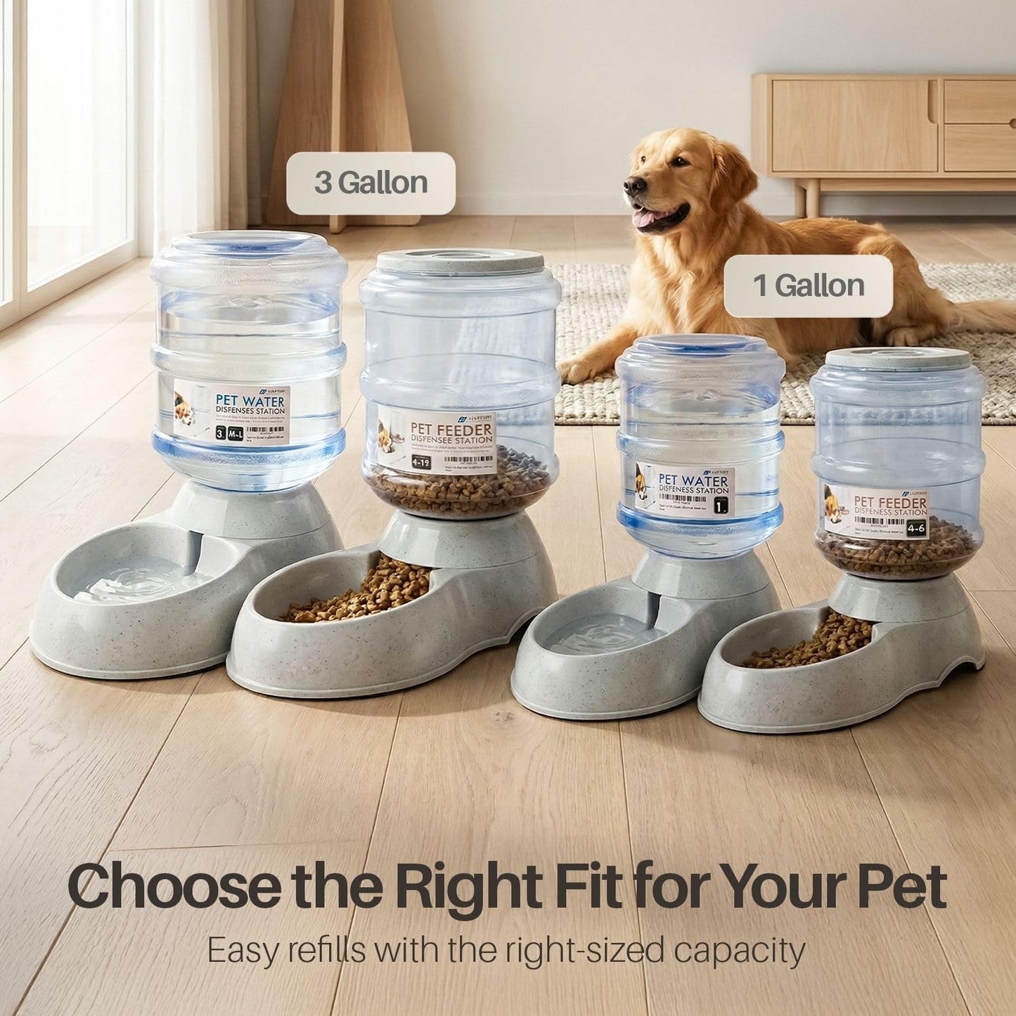 Automatic Pet Feeder & Waterer Set of 2 Pack, Self Feeding Replenish Dog Cat Bowls, Gravity Food & Water Storage Container Fountain Jug Pet Supplies Plastic Skid Proof Rubber Feet (3 Gallon)