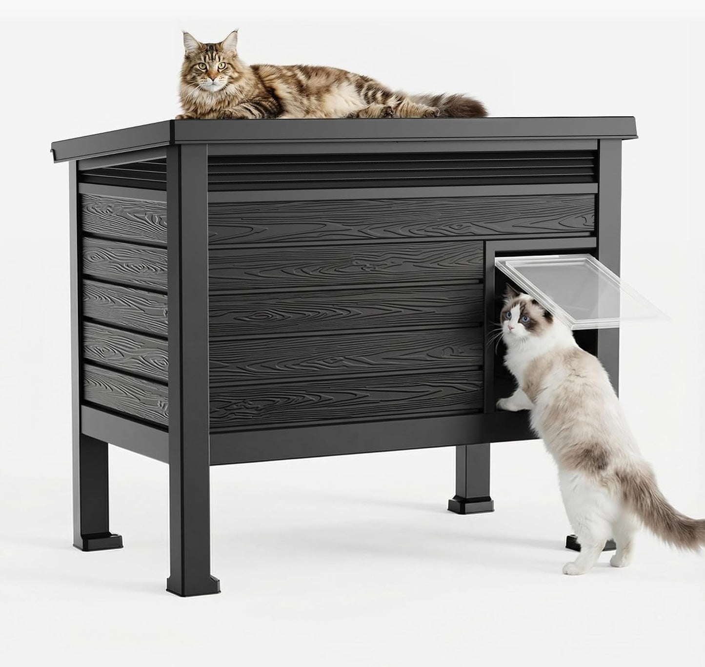Outdoor Cat House Weatherproof, Resin PP Material with Wood Grain Design, Cat Houses for Outdoor Cats with Gas Strut Lid & Safety Latch, Raised Floor Cat Shelters for outside Indoor (Black)