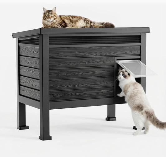 Outdoor Cat House Weatherproof, Resin PP Material with Wood Grain Design, Cat Houses for Outdoor Cats with Gas Strut Lid & Safety Latch, Raised Floor Cat Shelters for outside Indoor (Black)