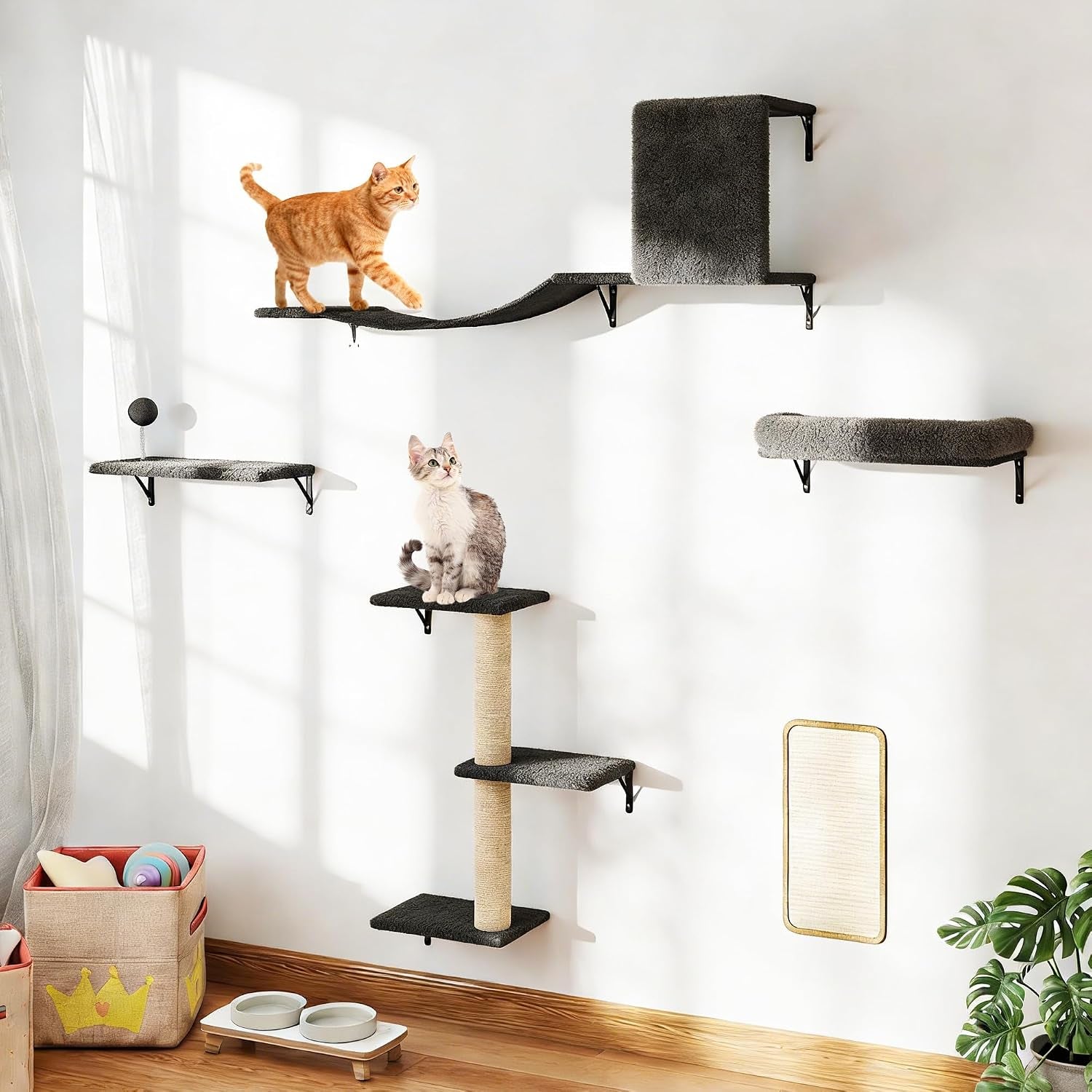5-Piece Cat Tree Set with Wall Mounted Cat Shelves, Cat Scratching Post & Cat Wall Furniture, Multi-Functional Indoor Cat Jungle Gym, Essential for Cat Room, Suitable for Large Cats(Grey)