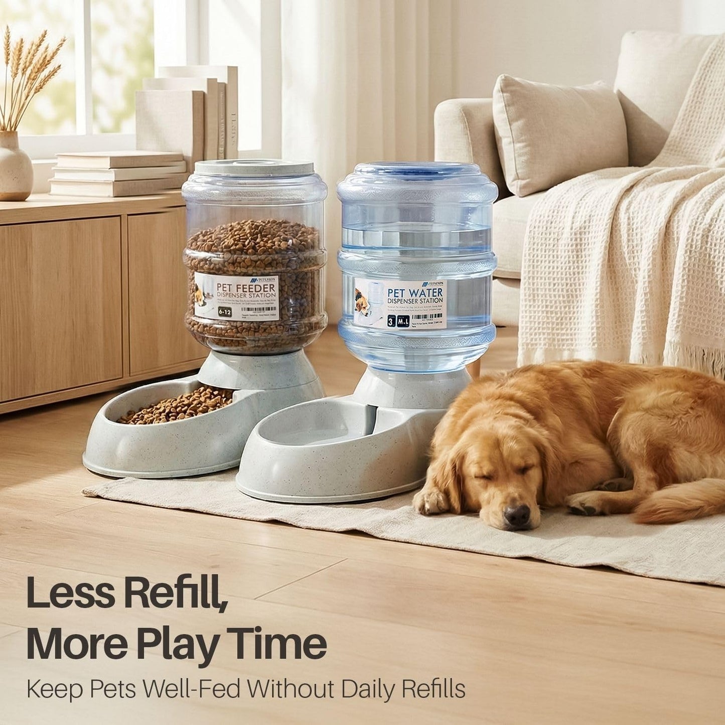 Automatic Pet Feeder & Waterer Set of 2 Pack, Self Feeding Replenish Dog Cat Bowls, Gravity Food & Water Storage Container Fountain Jug Pet Supplies Plastic Skid Proof Rubber Feet (3 Gallon)