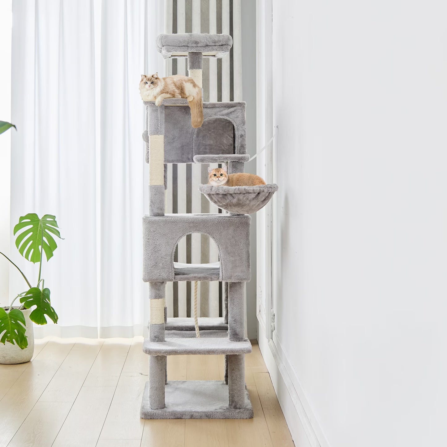 66" Cat Tree Multi Level Luxury Tower with Scratching Post, 2 Large Condo, Rest Hammock, Light Grey