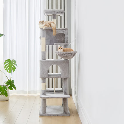 66" Cat Tree Multi Level Luxury Tower with Scratching Post, 2 Large Condo, Rest Hammock, Light Grey