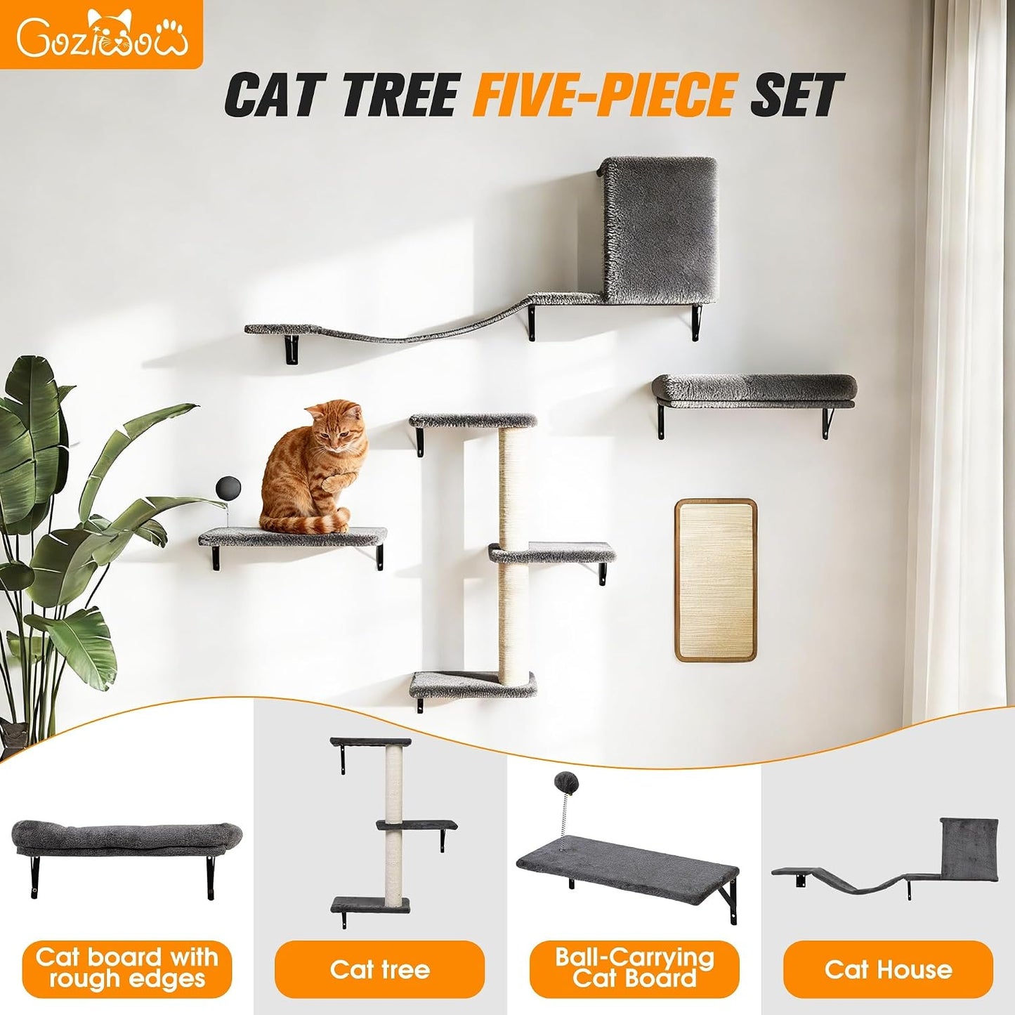 5-Piece Cat Tree Set with Wall Mounted Cat Shelves, Cat Scratching Post & Cat Wall Furniture, Multi-Functional Indoor Cat Jungle Gym, Essential for Cat Room, Suitable for Large Cats(Grey)