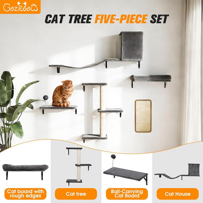 5-Piece Cat Tree Set with Wall Mounted Cat Shelves, Cat Scratching Post & Cat Wall Furniture, Multi-Functional Indoor Cat Jungle Gym, Essential for Cat Room, Suitable for Large Cats(Grey)