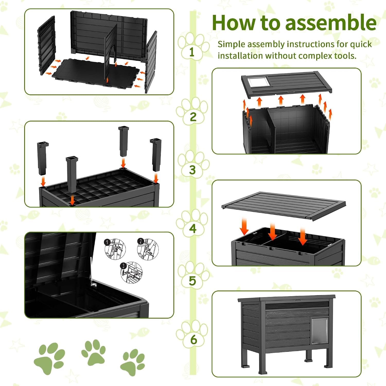 Outdoor Cat House Weatherproof, Resin PP Material with Wood Grain Design, Cat Houses for Outdoor Cats with Gas Strut Lid & Safety Latch, Raised Floor Cat Shelters for outside Indoor (Black)