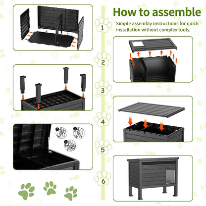 Outdoor Cat House Weatherproof, Resin PP Material with Wood Grain Design, Cat Houses for Outdoor Cats with Gas Strut Lid & Safety Latch, Raised Floor Cat Shelters for outside Indoor (Black)