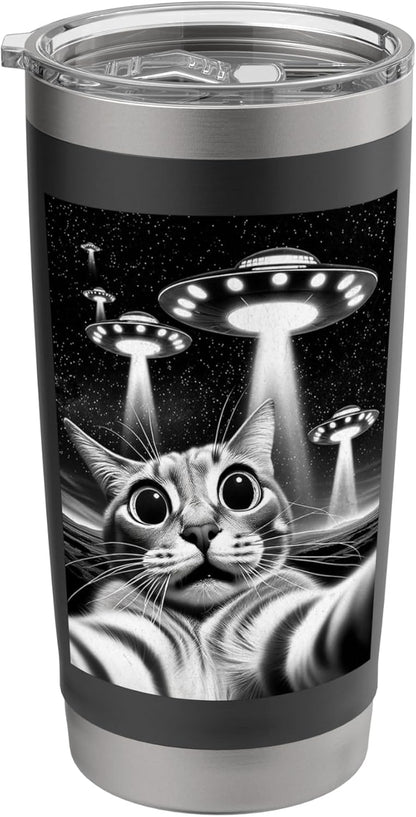 Cat UFO | Funny Invasion Meme Retro Alien Cat UFO Selfie Stainless Steel Insulated Tumbler